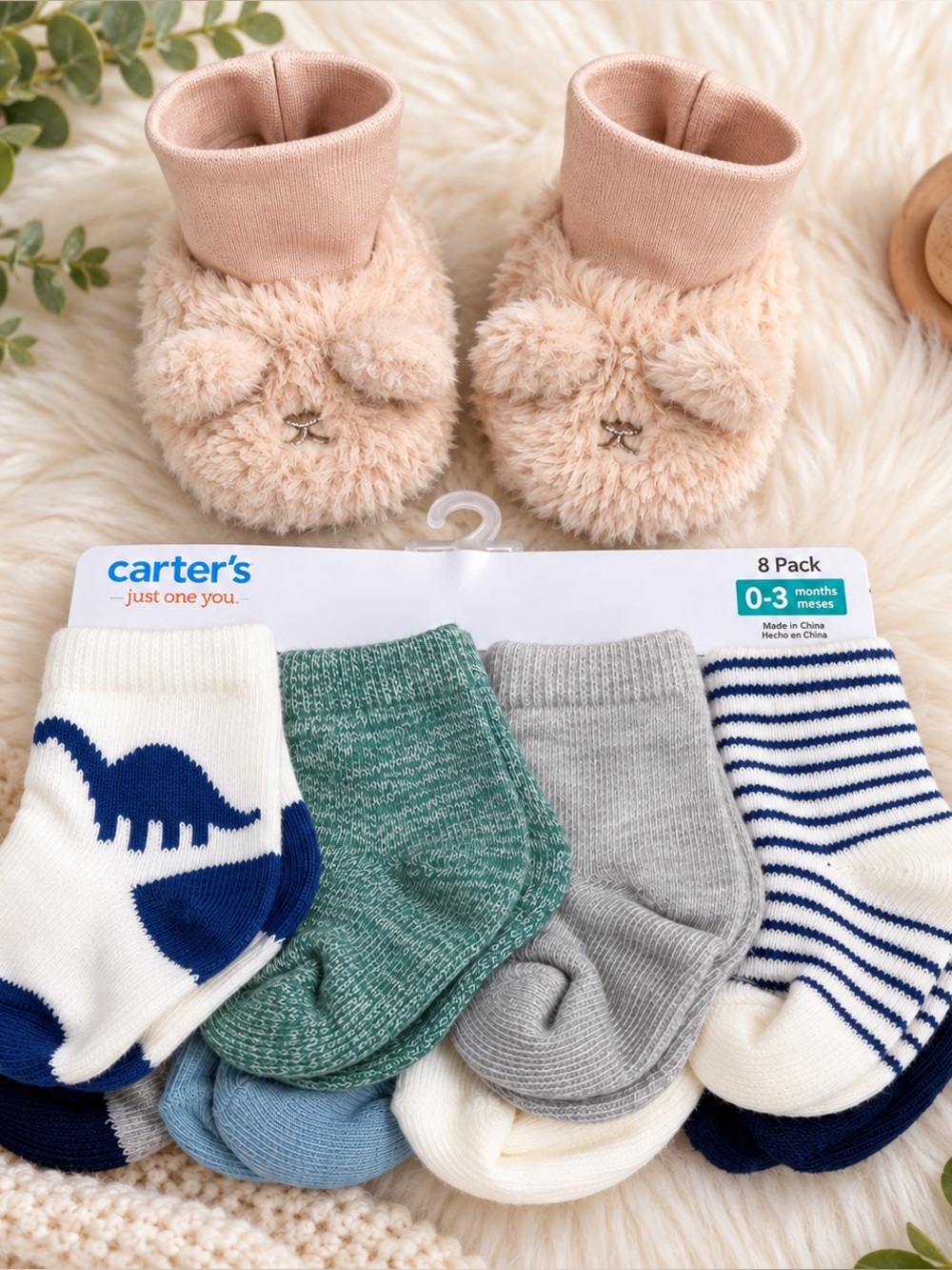 Carter's Baby 8-Pack Neutral & Blue Socks with Pink Plush Booties